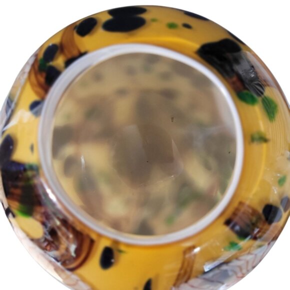 Vintage Murano Style Round Hand Blown Glass Vase Yellow Cobalt - Picture 5 of 9